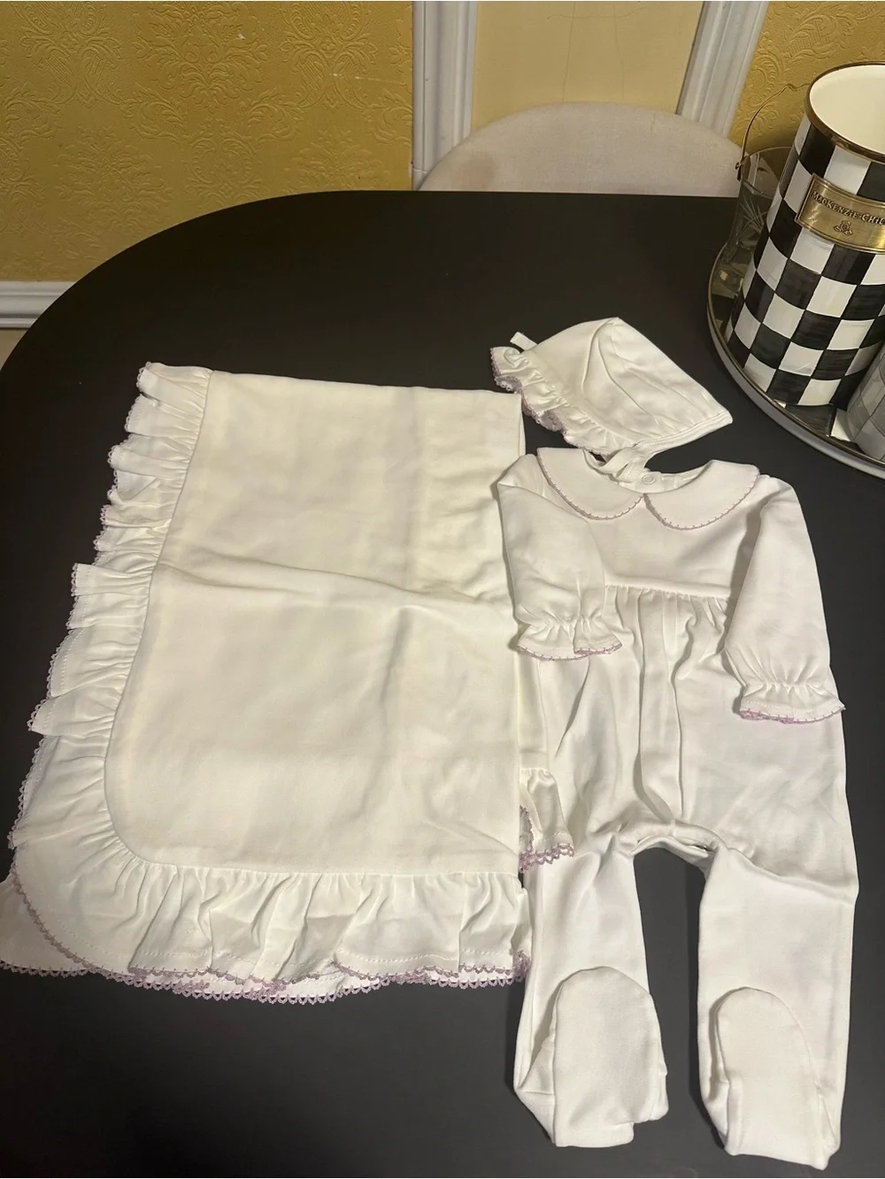 Baby Girls white Long Sleeve Ruffled Layette Set with Light Pink Trim organic